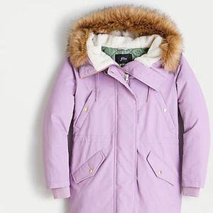J. Crew Lavender Puffer Coat with Faux Fur Sherpa Lined Hood
